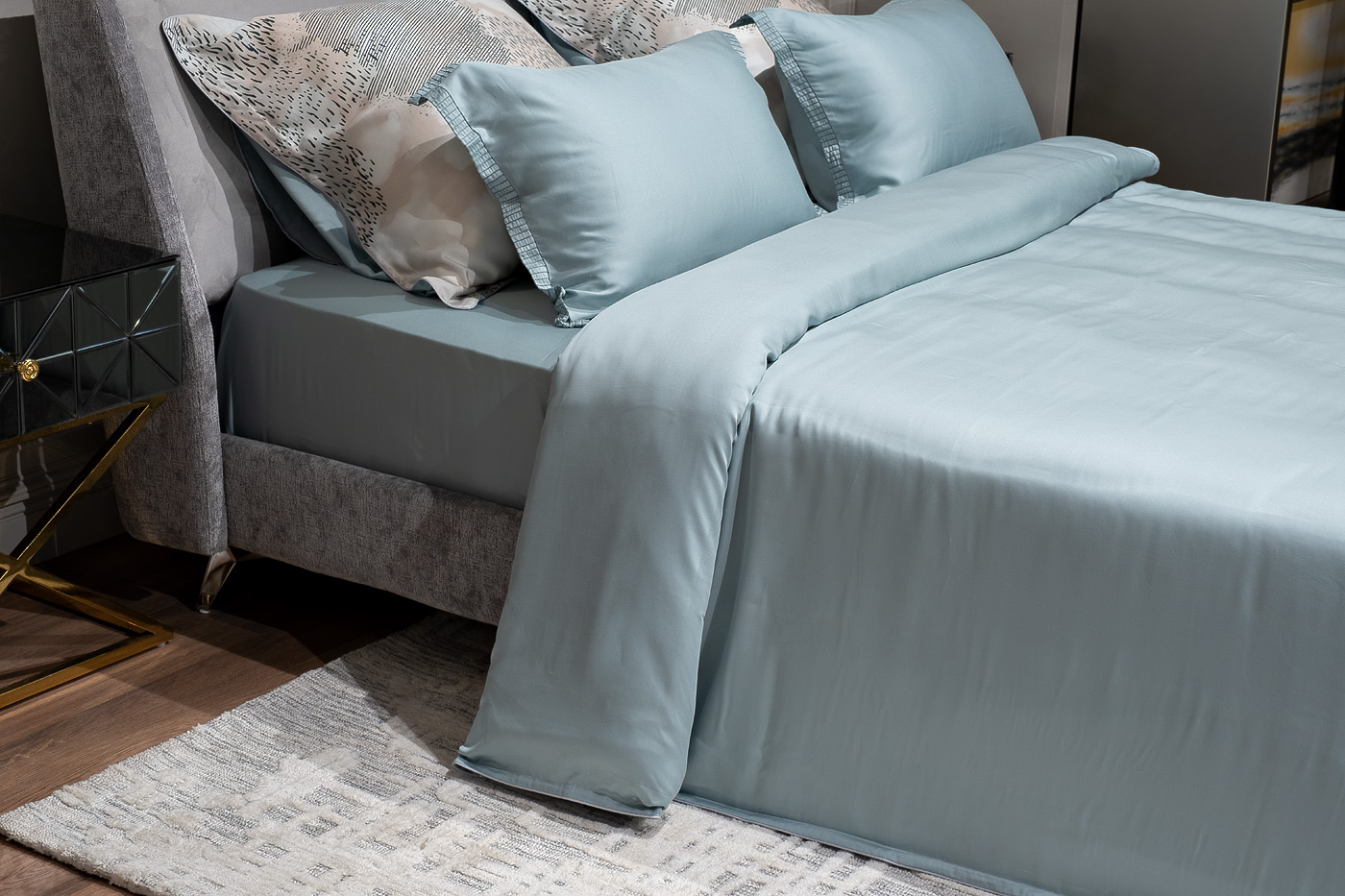 144HF-70606 Простыня на резинке тенсель бирюзовая 160*200*30_s2 5