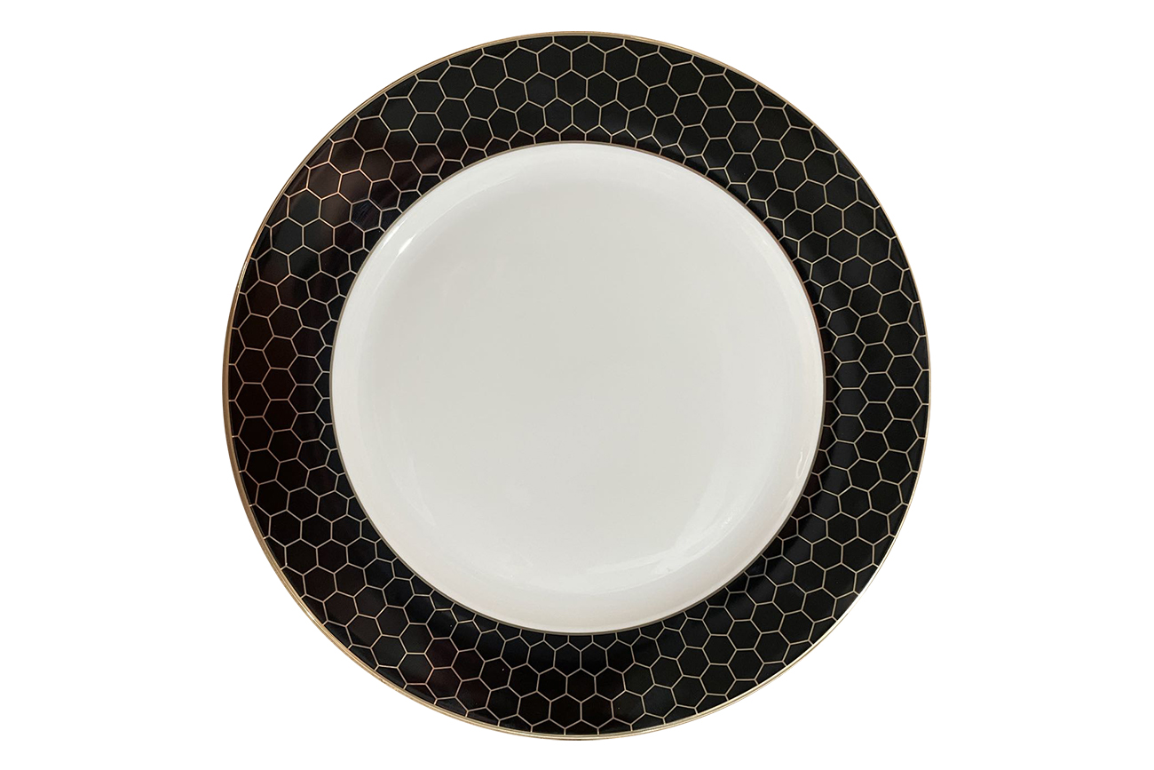 26FC-TAR-HONEYCOMB-26 Тарелка обеденная HONEYCOMB чёрно-золотая деколь 26см (2)_s2 1