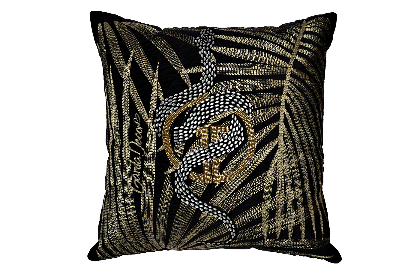 70SW-38056 Подушка с бисером, стеклярусом и вышивкой «Тропики » черный 45*45_s2 1